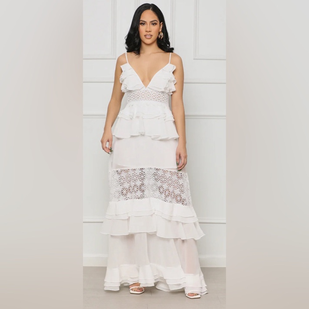 White maxi dress, ruffled, tiered.